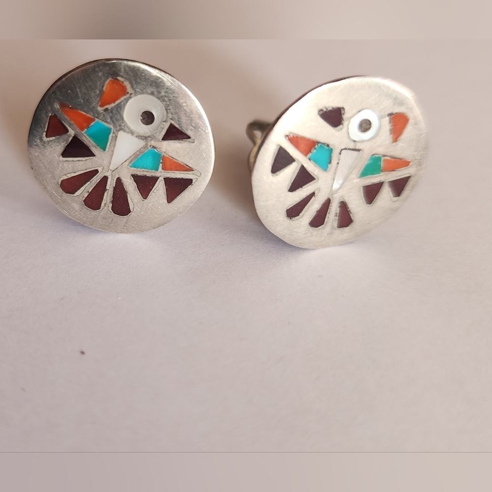 Vintage Zuni Thunderbird Inlay Clip-On Earrings Native American